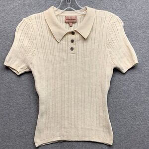 Romeo Romeo Pointelle Fitted Retro Polo Top Size M Cream Academia Stretch Soft
